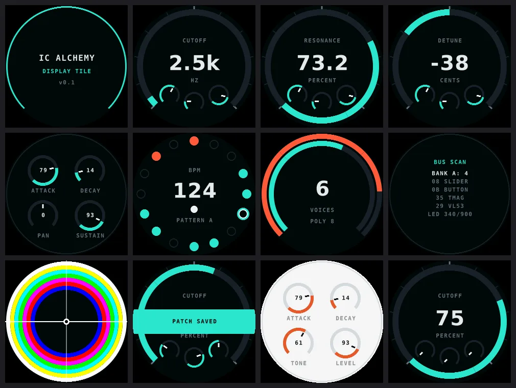 Grid of Sparsha Sequencer GUI screens showing display tile, controls, values, and status readouts.